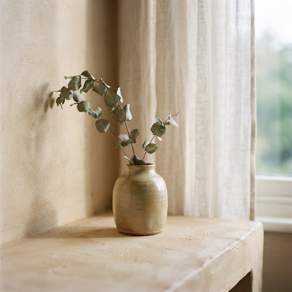 Eucalyptus stems in a stone vase beside soft linen curtains